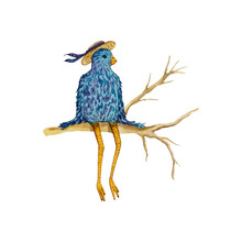 Magic Blue Bird In The Vintage Hat Sitting On The Tree Branch Perfectly Suits For A Postcard. Watercolor Illustration On The Craft/white Background