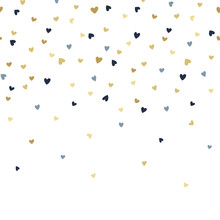 Vector Seamless Boarder Pattern With Tiny Golden And Blue Hearts. Creative Scandinavian Childish Background For Valentine's Day