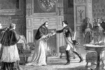 Wall Mural - Napoleon visits Pope Pio VII in Fontainebleau, France. The Pope whom Napoleon kidnapped because he refused to give them papal states.Antique illustration. 1890.