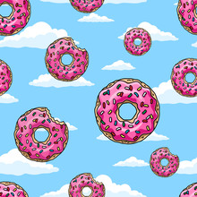 Cartoon Donuts With Pink Glaze And Colored Sprinkles On White Background. Seamless Pattern. Texture For Fabric, Wrapping, Wallpaper. Decorative Print.