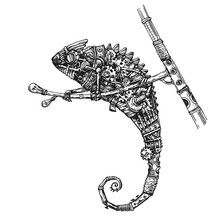 Mechanical Chameleon. Hand Drawn Vector Steampunk  Illustration.