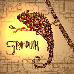  Mechanical chameleon. Hand drawn vector steampunk  illustration.