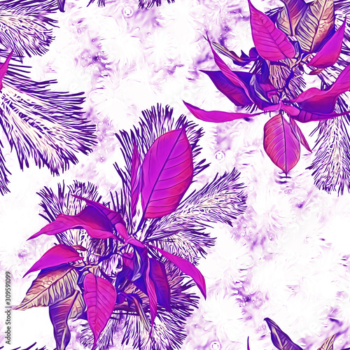 Christmas with poinsettia and fir, seamless pattern.