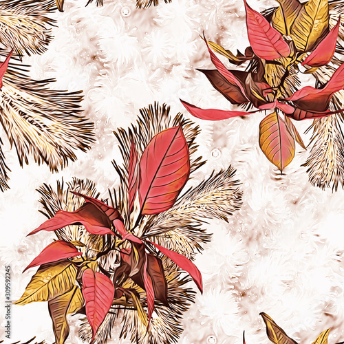 Christmas with poinsettia and fir, seamless pattern.