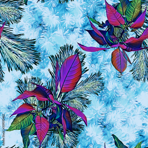 Christmas with poinsettia and fir, seamless pattern.