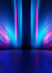 Fototapete - Empty dark abstract background. Background of empty show scene. Glow of neon lights on an empty concert venue. Reflection of light on the pavement.