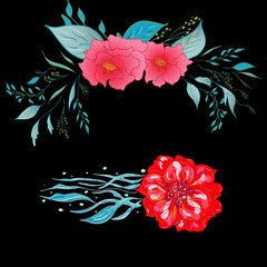 Set of two summer colorful tropical flowers. Floral botanical flower set isolated on black background. Hand drawn vector collection. Botanical Hawaii nature. Tropical palm icon. Hawaiian illustration