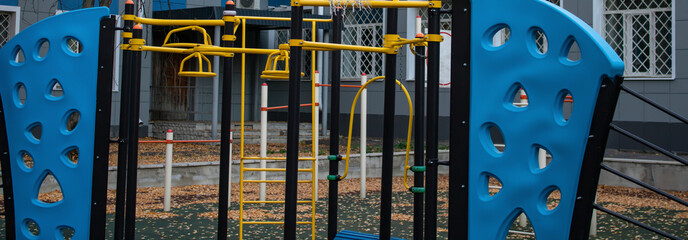 Sports ground with exercise equipment for the physical development of children and adults