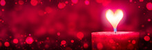 Red Candle With Heart Shaped Flame And Bokeh Lights On Soft Red Background - Valentine's Day Concept