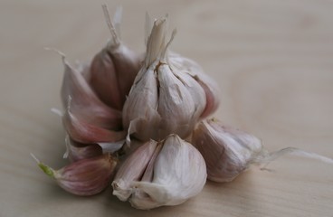 Garlic for sowing and for eating on a wooden board