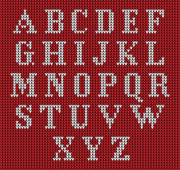 Poster - Knitted alphabet on red background. Christmas crochet font on knitted classic ornament pattern. All the letters are on different layers, it is convenient to produce words and sentences