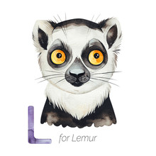 Watercolor Animals Alphabet.Learn Letters With Funny Animals. Cute Lemur For L Letter.  Perfect For Education, Baby Shower, Children Prints Or Room Decor, Template Cards, Books And Much More