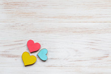 Valentine's Day Background With Red Wooden Hearts On Wooden Planks. Valentine's Day Concept