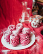 Handmade air russian fruit pink marshmallow on a pink background. Homemade Sweets.