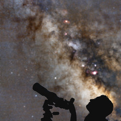 Wall Mural - astronomer with a telescope watching at the stars and moon. my astronomy work.
