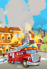 Wall Mural - cartoon scene with fireman car vehicle near burning building - illustration for children