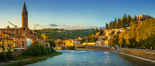 Verona Cityscape During Late Sunset With Adige River And Church Complesso Della Cattedrale-Duomo, Viewed From The Opposite Side Of River. Verona Is Located In Veneto, Italy,