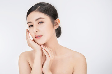  Closeup portrait of asian fair perfect healthy glow skin woman isolated on white background, asian beautiful girl with pretty smile on her face. Beauty clinic skincare spa and surgery concept