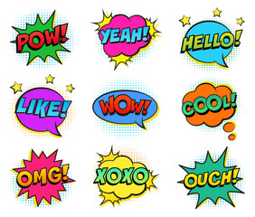 Wall Mural - retro colorful comic speech bubbles set on white background. expression text pow, yeah, wow, hello, 