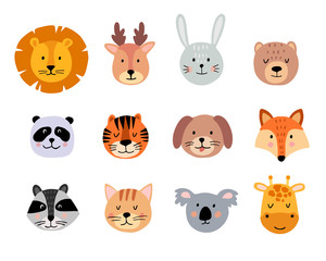 Cute animal hand drawn faces set on white background. Cartoon characters of lion, giraffe, deer, koala, bear, cat, bunny, fox, raccoon, tiger, dog, panda. Vector illustration