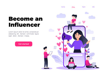 Flat vector style illustration with characters - influencer marketing concept - blogger promotion services, goods for followers online. Social media influencer shouting in megaphone from smartphone.