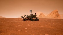 A Rover During A Dust Storm On The Red Planet. Curiosity Rover On Mars. 3D Rendering