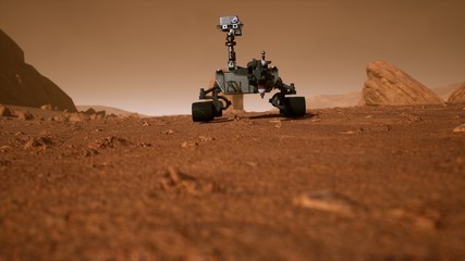Wall Mural - a rover during a dust storm on the red planet. curiosity rover on mars. 3d rendering