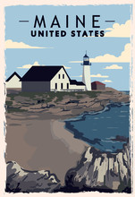 Maine Retro Poster. USA Maine Travel Illustration. United States Of America Greeting Card.