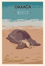 Oaxaca Turtle Retro Poster. Oaxaca Travel Illustration. States Of Mexico