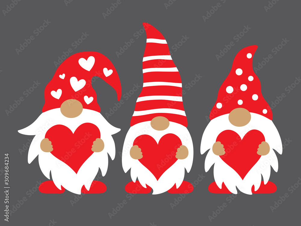 Cute three valentine gnomes holding hearts vector illustration. - obrazy, fototapety, plakaty 