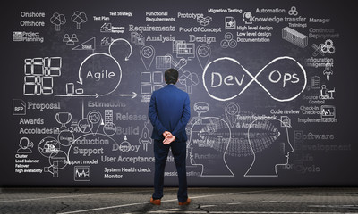 software engineer observing software development processes on a blackboard