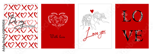 Cuadros en Lienzo Set of Valentine's day greeting cards with hand written greeting lettering and decorative textured brush strokes on background