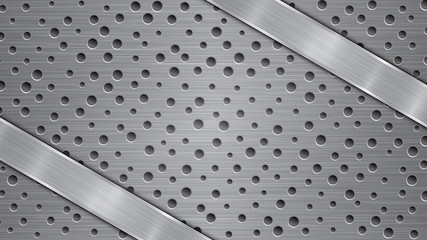 Background in gray colors, consisting of a metallic perforated surface with holes and two polished plates with metal texture, glares and shiny edges