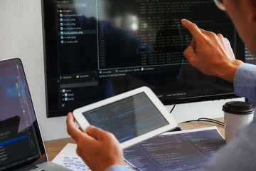 Wall Mural - programmers working in programming programmer, developer and coding technology website design, cyber