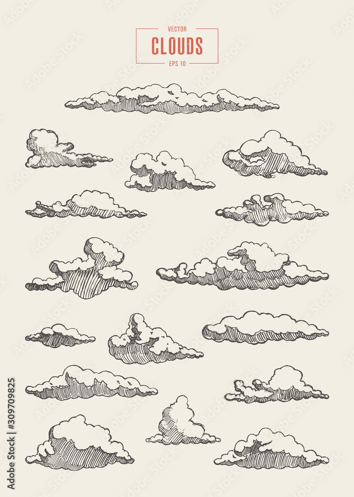 Set engraved style clouds drawn vector sketch - obrazy, fototapety, plakaty 