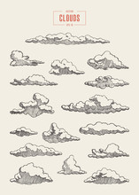 Set Engraved Style Clouds Drawn Vector Sketch
