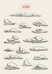 Set engraved style clouds drawn vector sketch
