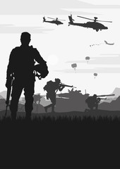 Sticker - 	 Military vector illustration, Army background, soldiers silhouettes.	