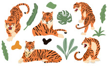Cute Animal Object Collection With Leopard,tiger. Illustration For Icon,logo,sticker,printable