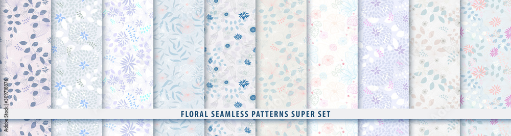 Floral seamless blue pattern bundle set. Flowers and leaves.. Color vector background. Summer and spring print - obrazy, fototapety, plakaty 