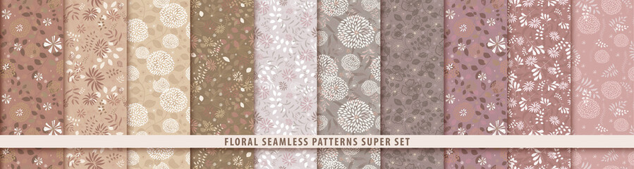 Floral seamless sepia pattern set. Flowers and leaves.. Color vector background. Summer and spring print