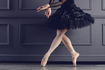 Wall Mural - Legs of a ballerina on a black background.