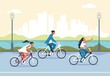 People riding bicycle. Cartoon active characters in city park riding bike, active and healthy lifestyle concept. Vector banner resting on fresh air group bikes tourists