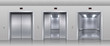 Realistic elevators. Closed open and half closed metallic cabin doors of passenger and cargo lift or indicator. Vector interior with metal doors, steel open and closing lifts in corridor