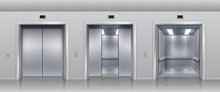 Realistic Elevators. Closed Open And Half Closed Metallic Cabin Doors Of Passenger And Cargo Lift Or Indicator. Vector Interior With Metal Doors, Steel Open And Closing Lifts In Corridor