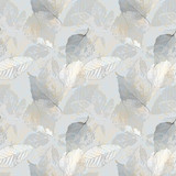 Fototapeta Boho - Seamless chaotic pattern with autumn leaves, light gray and beige background.