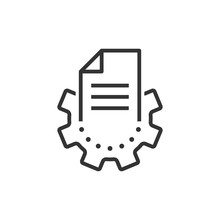 Document With Gear Icon In Flat Style. Big Data Processing Vector Illustration On White Isolated Background. Paper Sheet Software Solution Business Concept.