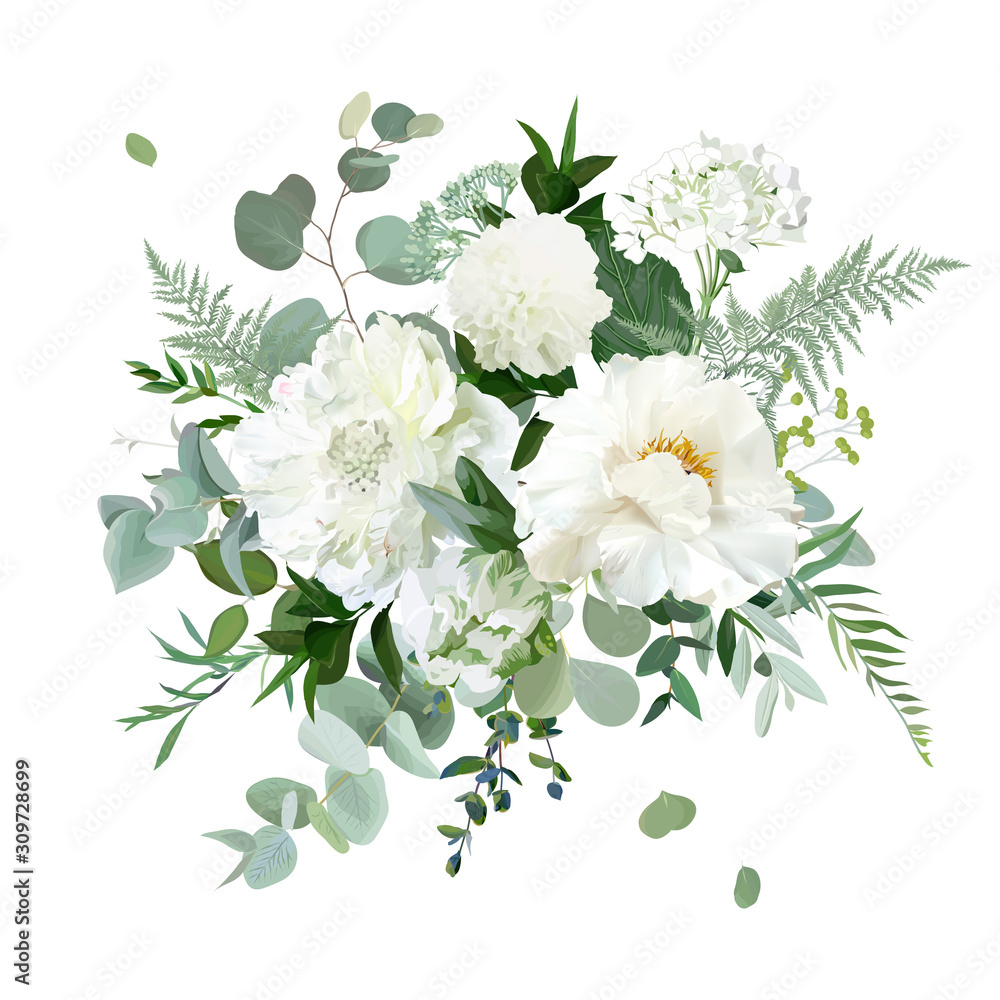 Silver sage green and white flowers vector design spring herbal bouquet - obrazy, fototapety, plakaty 