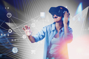 Poster - Happy woman in VR glasses, cloud computer