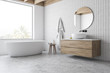 canvas print picture - Loft white tile bathroom corner, tub and sink